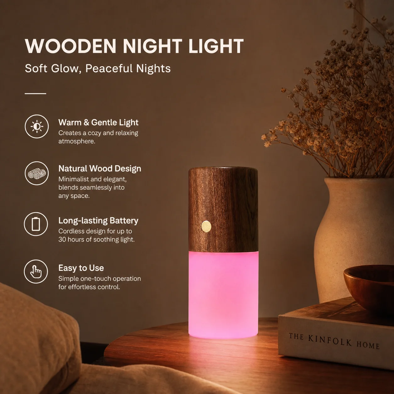 WWPPU Wood Gravity Sensing Flip Lamp, USB Rechargeable Creative Bedside Night Light, RGB Breathing Color Changing Table Gift