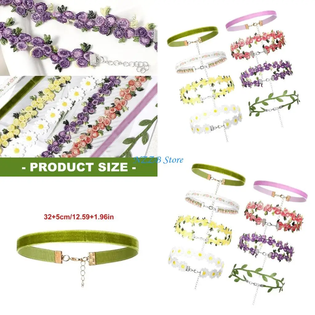 

T21F 8 Pieces Floral Necklace Set Soft Fabric Adjustable Length Chokers For Women
