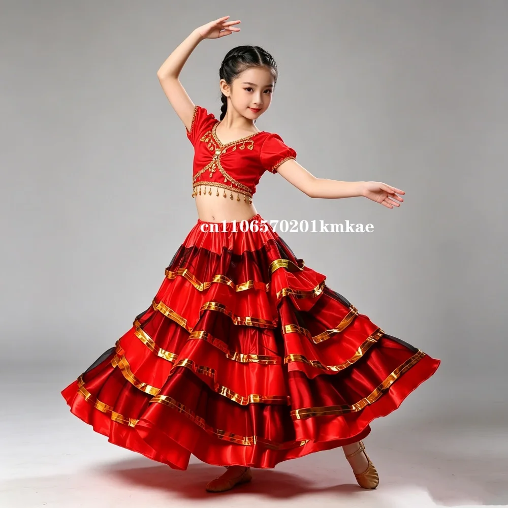 Faldas de baile flamenco español para niñas, con volantes escalonados, de satén, para baile de salón, estilo gitano, Sevilla, espectáculo de corrida de toros, 360 grados