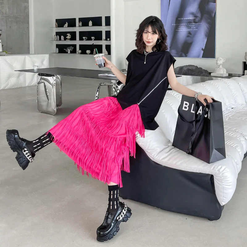 التنانير النسائية الصلبة هامش شرابة المجهزة تنورة H خط الكاحل طول مرونة الخصر نحيل سليم صالح أنيقة عادية 2025 ربيع الخريف