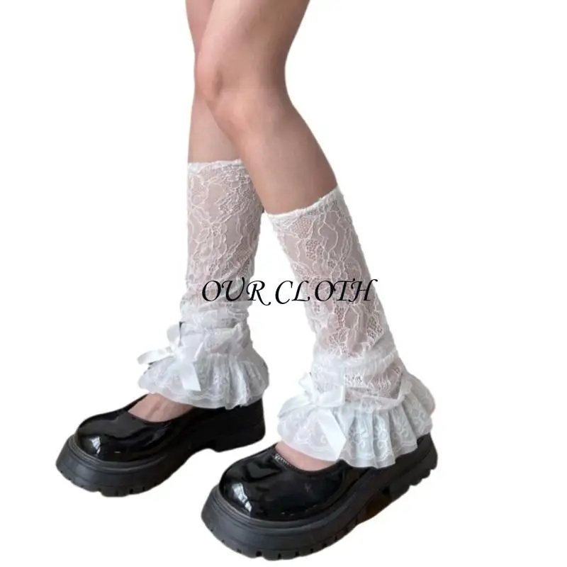 Summer Flower Lace Leg Warmer Sleeve for Women Girls Bowknot Lightweight Ruffle Flared Loose Leg Cover Long Socks Y1AC