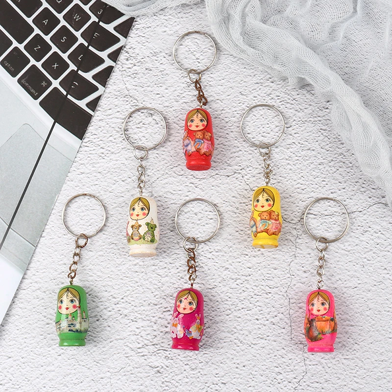 12pcs Matryoshka Russian Dolls Key Rings Drip Wood Keychains Decor Christmas Gift