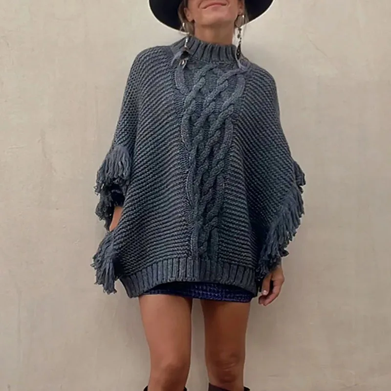 

Свободный вязаный пуловер с кисточками в стиле пэчворк, винтажный женский осенний свитер с круглым вырезом и рукавами «летучая мышь», повседневный однотонный женский свитер