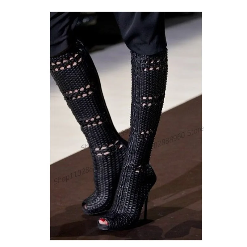 Knee High Black Hollow Weave Sandals Boots Stilettos High Heel Women Shoes Back Zipper Peep Toe 2023 Fashion Zapatos Para Mujere