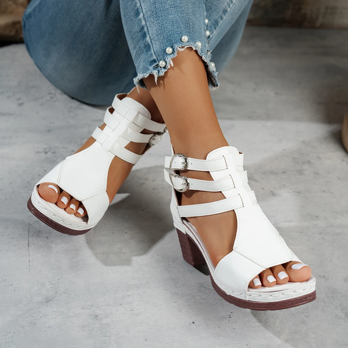 Summer Fashion Women Chunky High-Heeled Pumps Black White Sandals Casual Rome Gladiator Fish Mouth Sandals for Women image 5