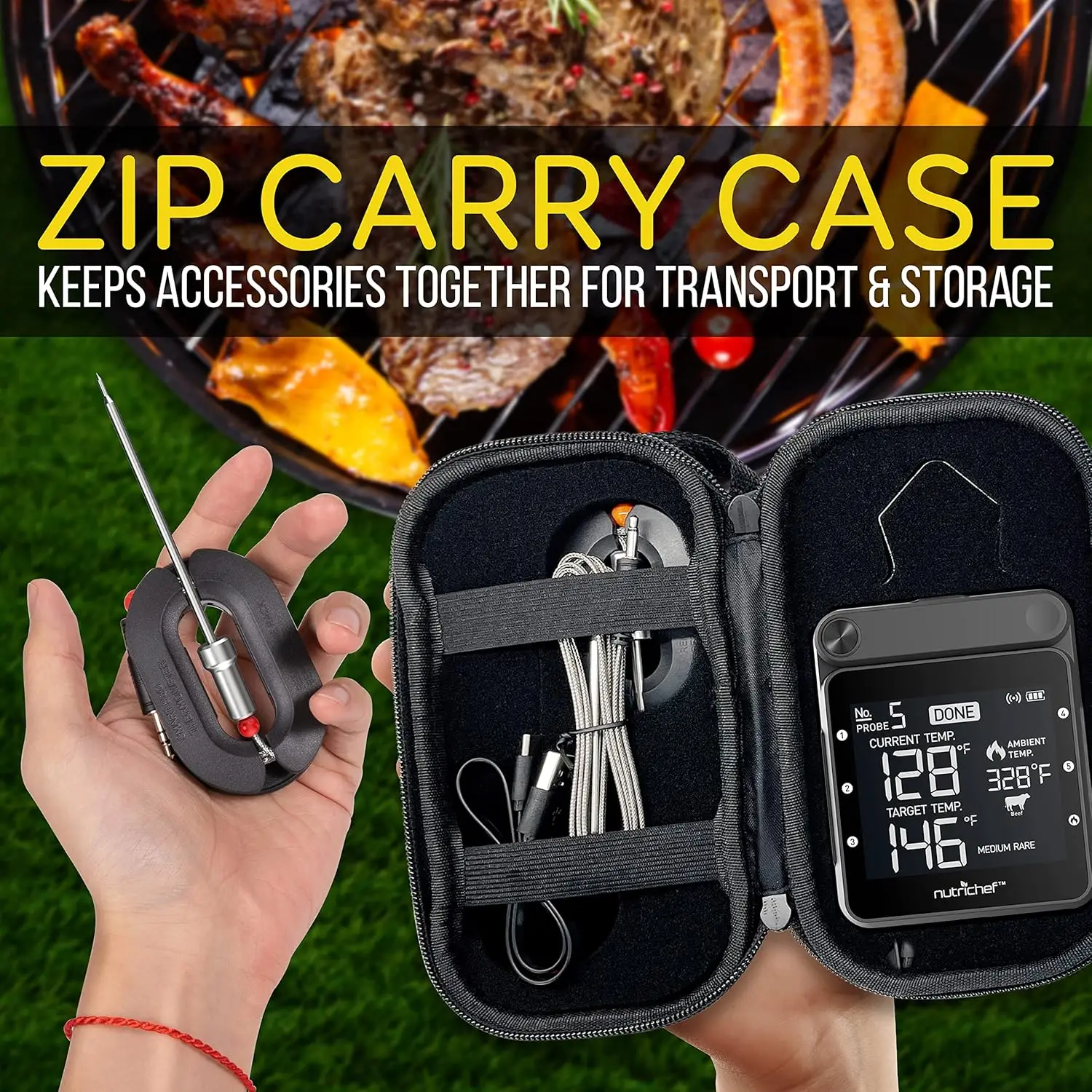 Термометр для мяса гриля NutriChef WiFi, беспроводные двойные интеллектуальные зонды, сигнализация в помещении от курильщика для барбекю на открытом воздухе,