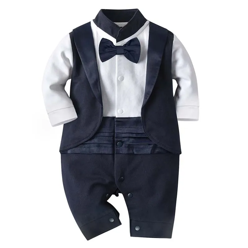 Baby Boys Romper One Piece Bow Tie Jumpsuit Navy Cotton Overall Newborn Boys Winter Gentleman Suit Toddler Tuxedo Clothing 0-3M
