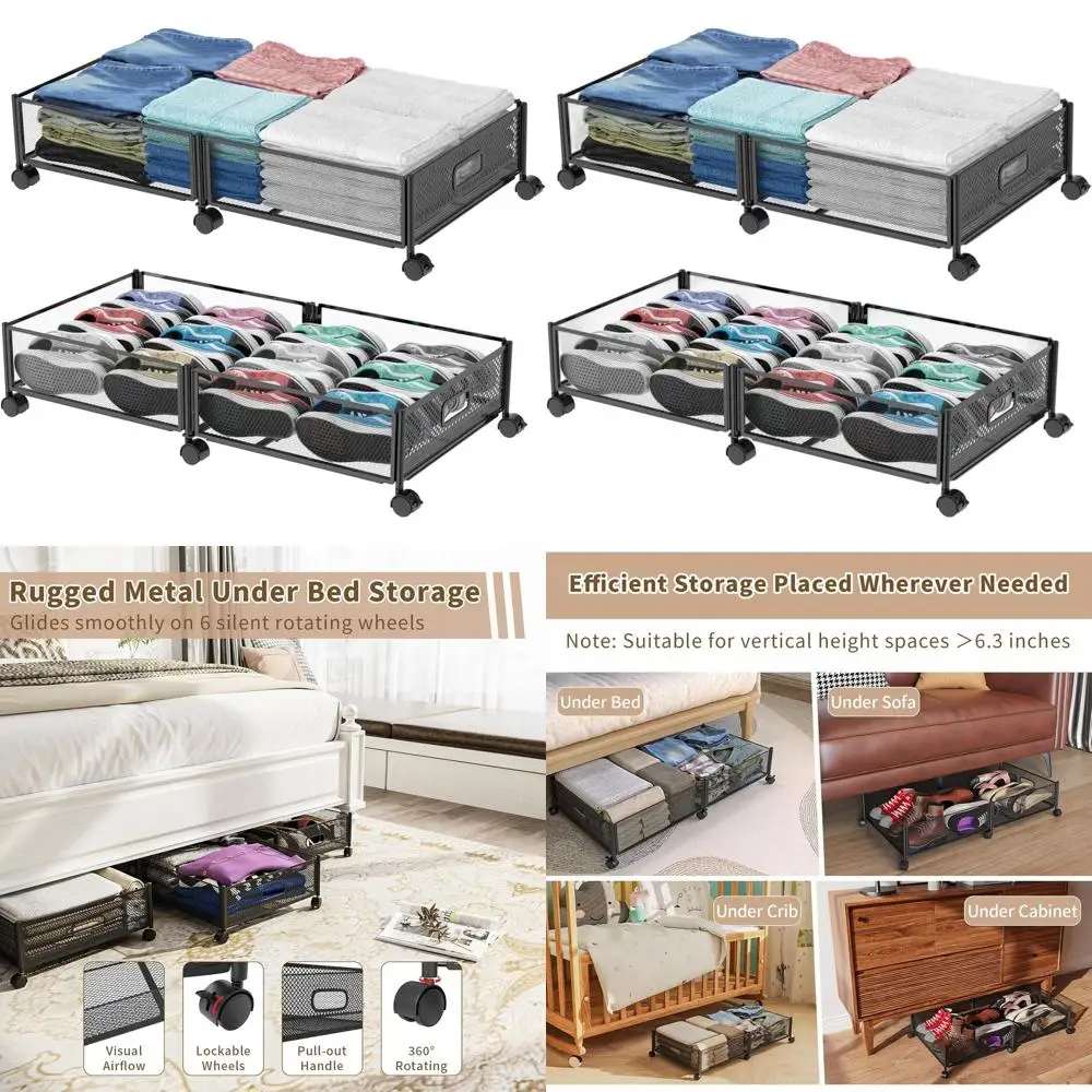 

Large 35L Rolling Underbed Storage with Wheels for Bedroom, Shoes, Clothes, and Toys - Easy Assembly Metal Drawer Organizer