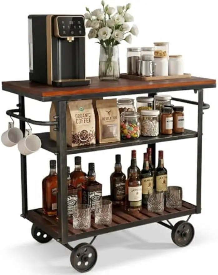 3 Tier Rolling Bar Cart, Mobile Kitchen Serving Trolley Storage Rack With Side Handles, Multi Purpose Beverage Organizer For Office Coffee House, Vintage Industrial Style, Rustic Brown