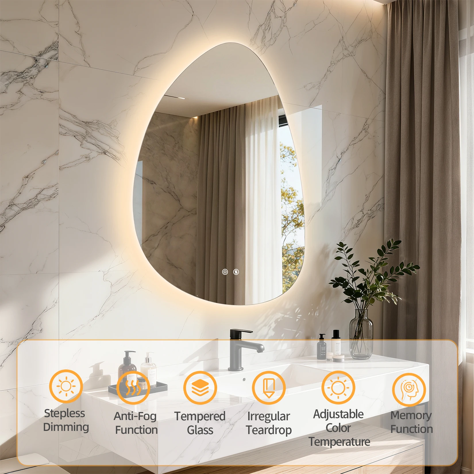 LED Bathroom Mirror Wall Mounted Vanity Mirror with 3 Lighting Colors, Touch Sensor, Anti-Fog, Backlit Light, Irregular Pebble Shape