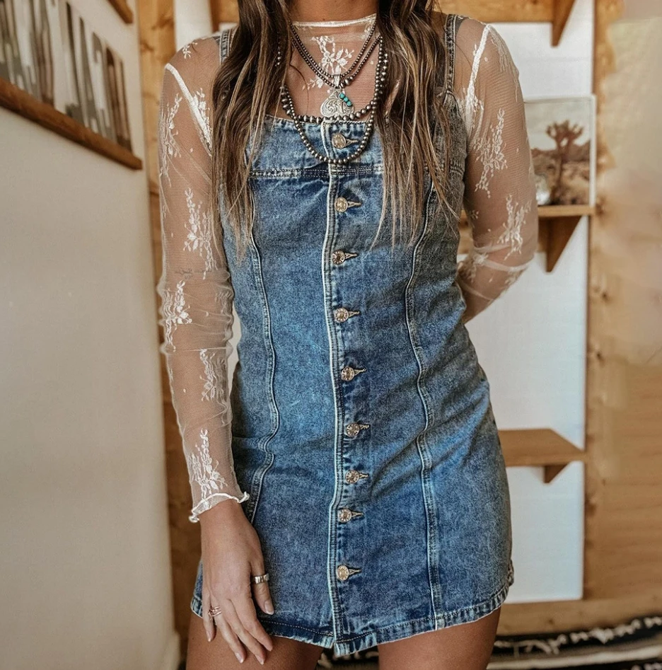 

Women's fashionable casual camisole vintage casual Western style slim fit denim dress 2024 autumn new women's clothing