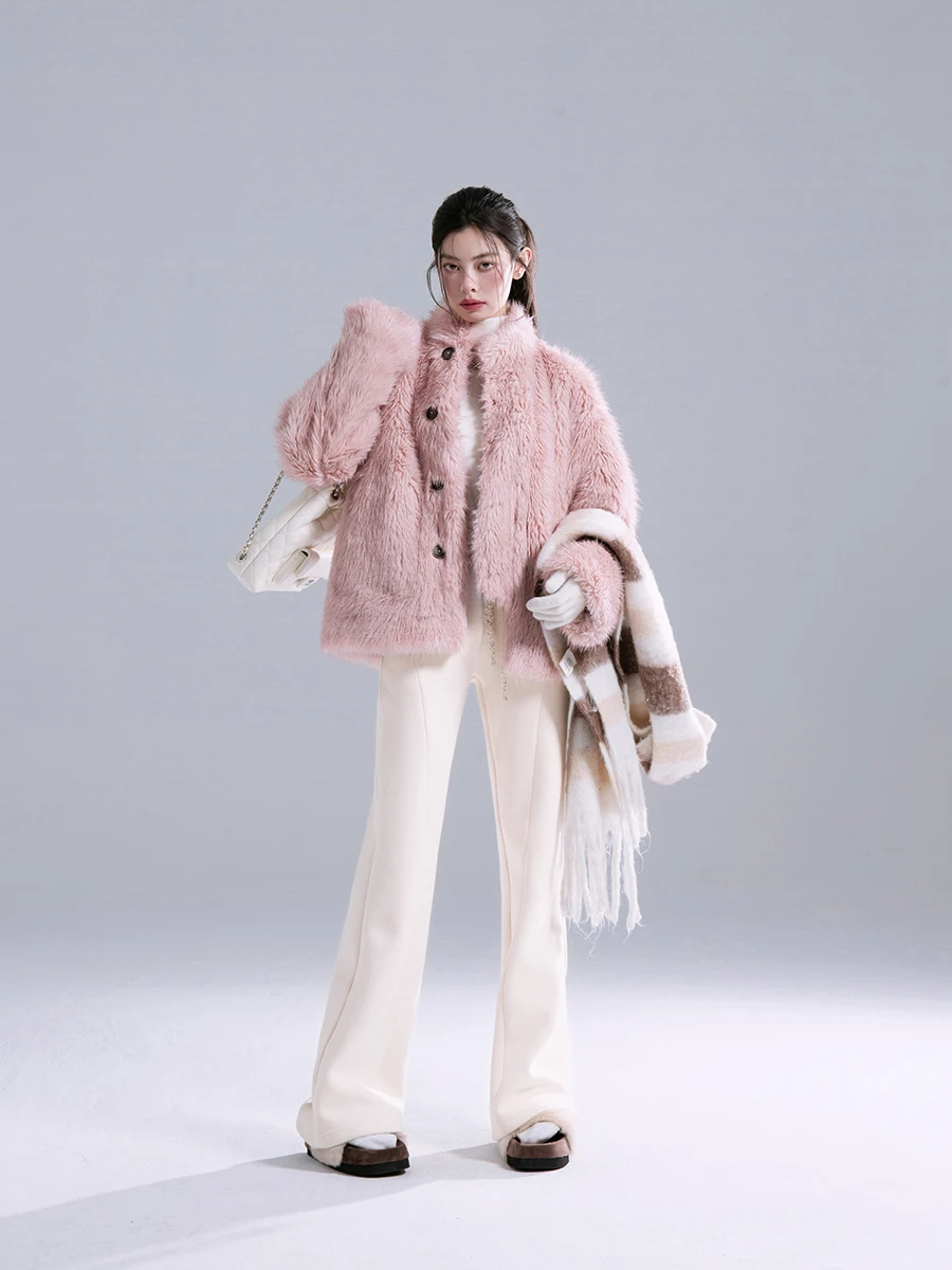 COTRE Foggy Lacape Exploration Jaqueta Feminina Azul de Pelo e Couro com Gola Alta, Reversível, em Fibra de Poliéster