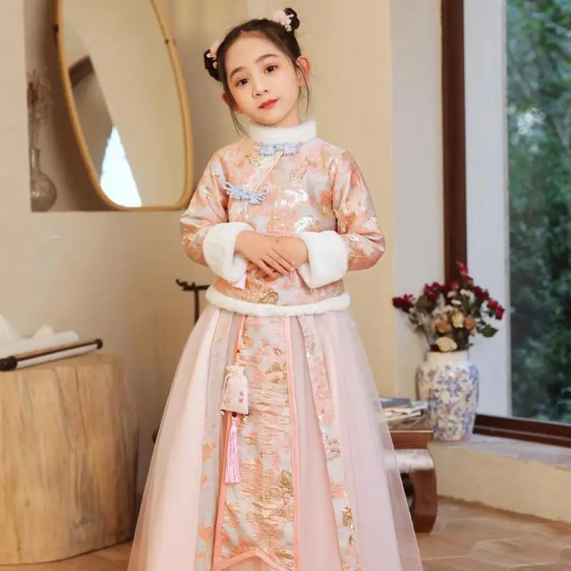 

Winter New Year Greet Costume Girl Chinese Style Vintage Button Hanfu Retro Fringed Flower Print Qipao Party Performance Dress