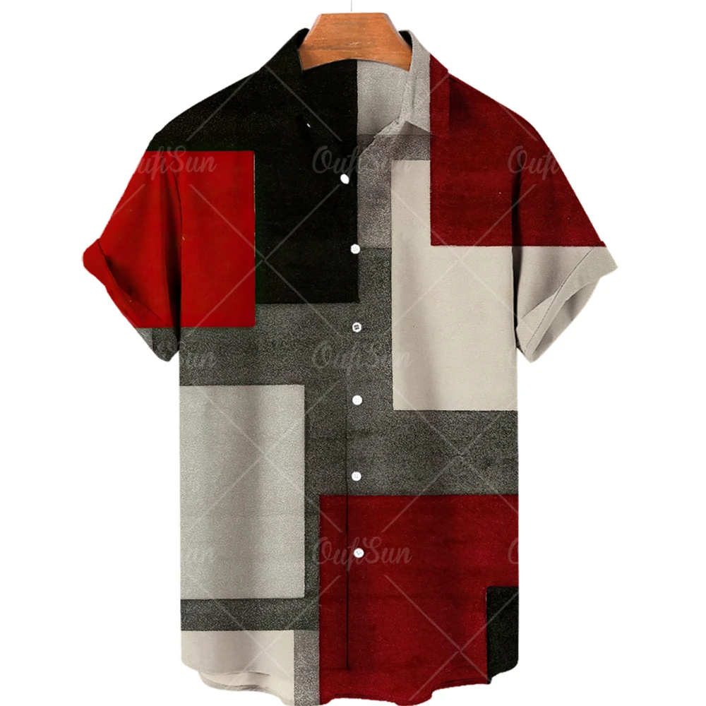 Men's Fashion Short-sleeved Shirt Oversized Casual Loose Hawaiian Shirt Trend All-match Color Block Pattern Beach Summer top