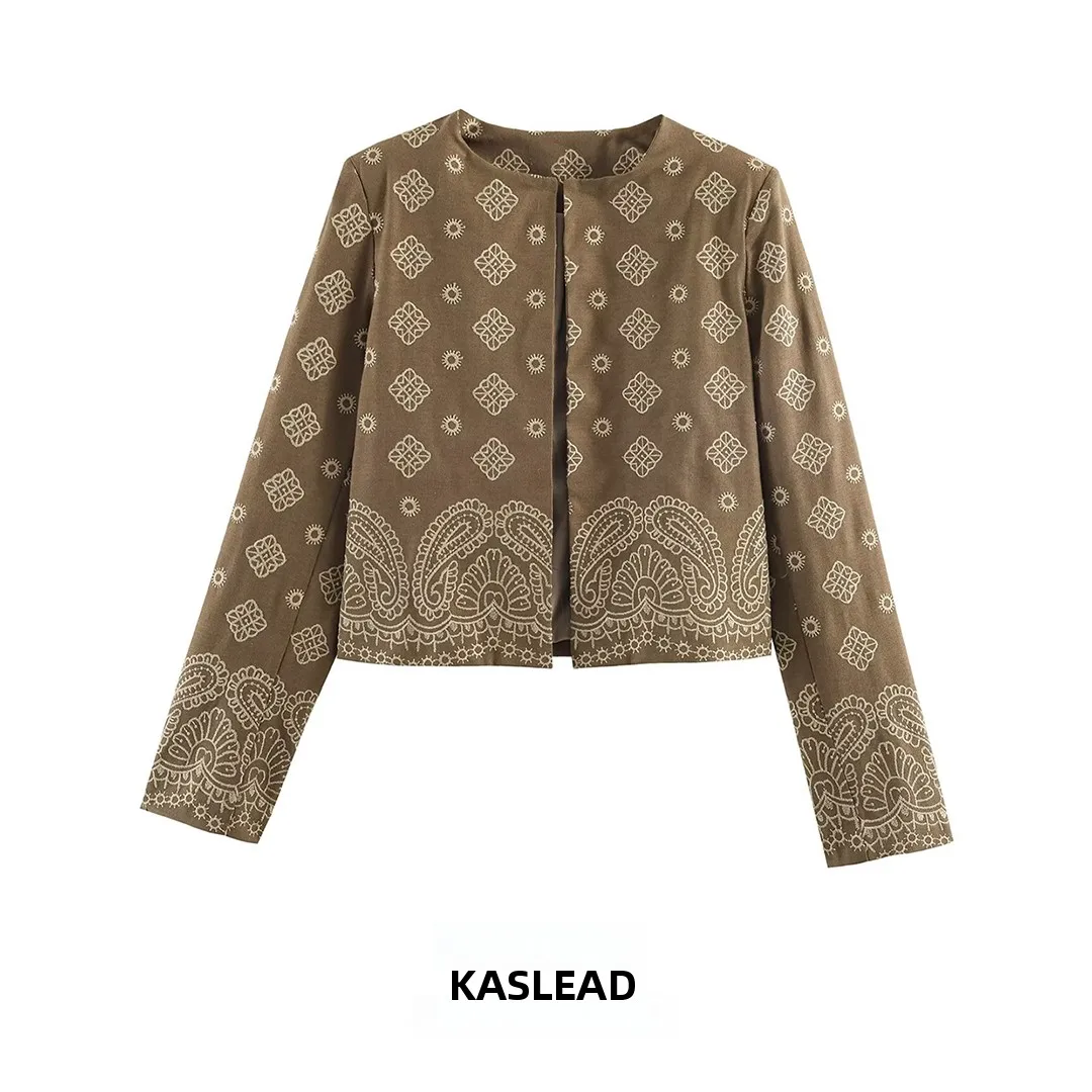 KASLEAD New Women's Street Style Short Jacket Embroidered Ethnic Fashion Simple Matching Outerwear Long Sleeve Button Closure