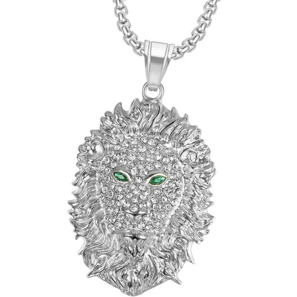 

Mens Lion Head Pendant Necklace Shiny CZ Iced Out Chain For Men Silver Color Stainless Steel Animal Necklaces Male Bling Jewelry