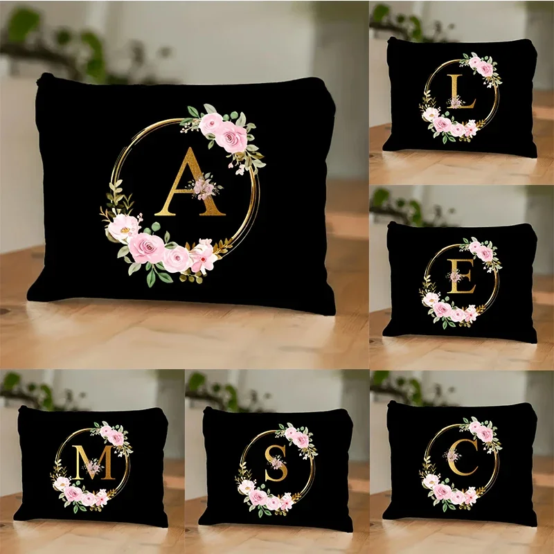 

Stylish Black Floral Letter Cosmetic Bag Reusable Makeup for Travel Sisters Gifts, or Birthday Presents, Makeup Bag