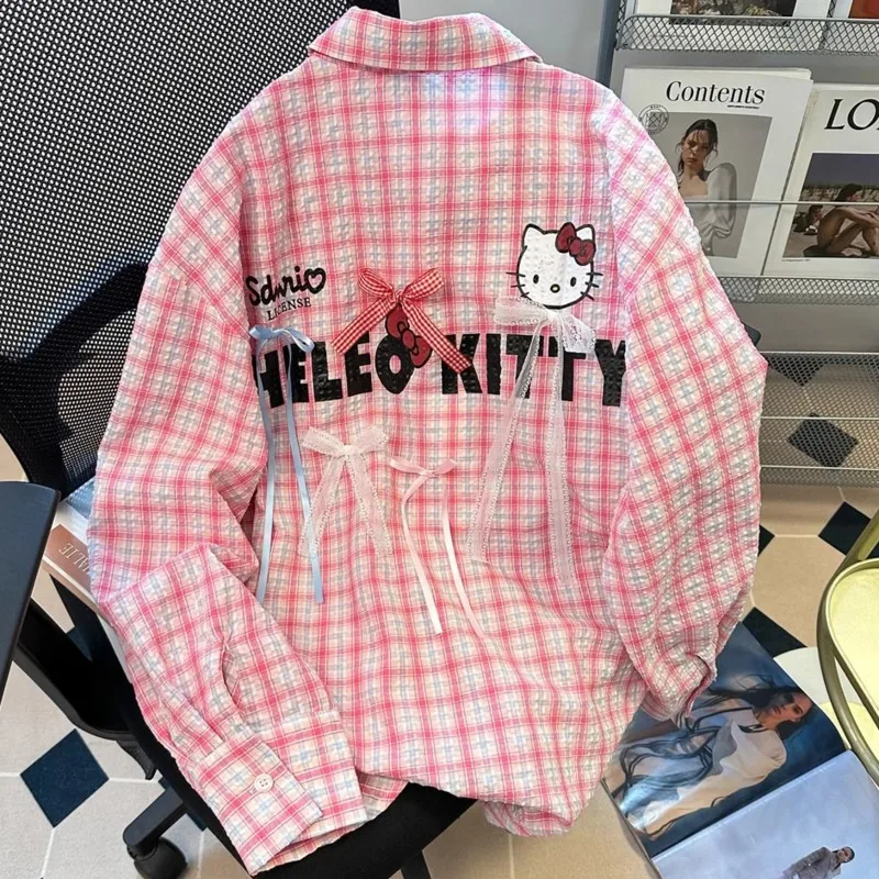 

Милые рубашки Miniso Bow Hellokitty, однобортное повседневное розовое пальто для девочек, рубашка с кавайным рисунком KT, женская одежда больших размеров