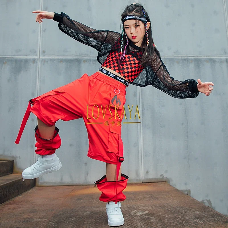 Red Lattice Vest Loose Cargo Pants Net Tops For Girls Clothes Jazz Show Stage Kids Hip Hop Street
