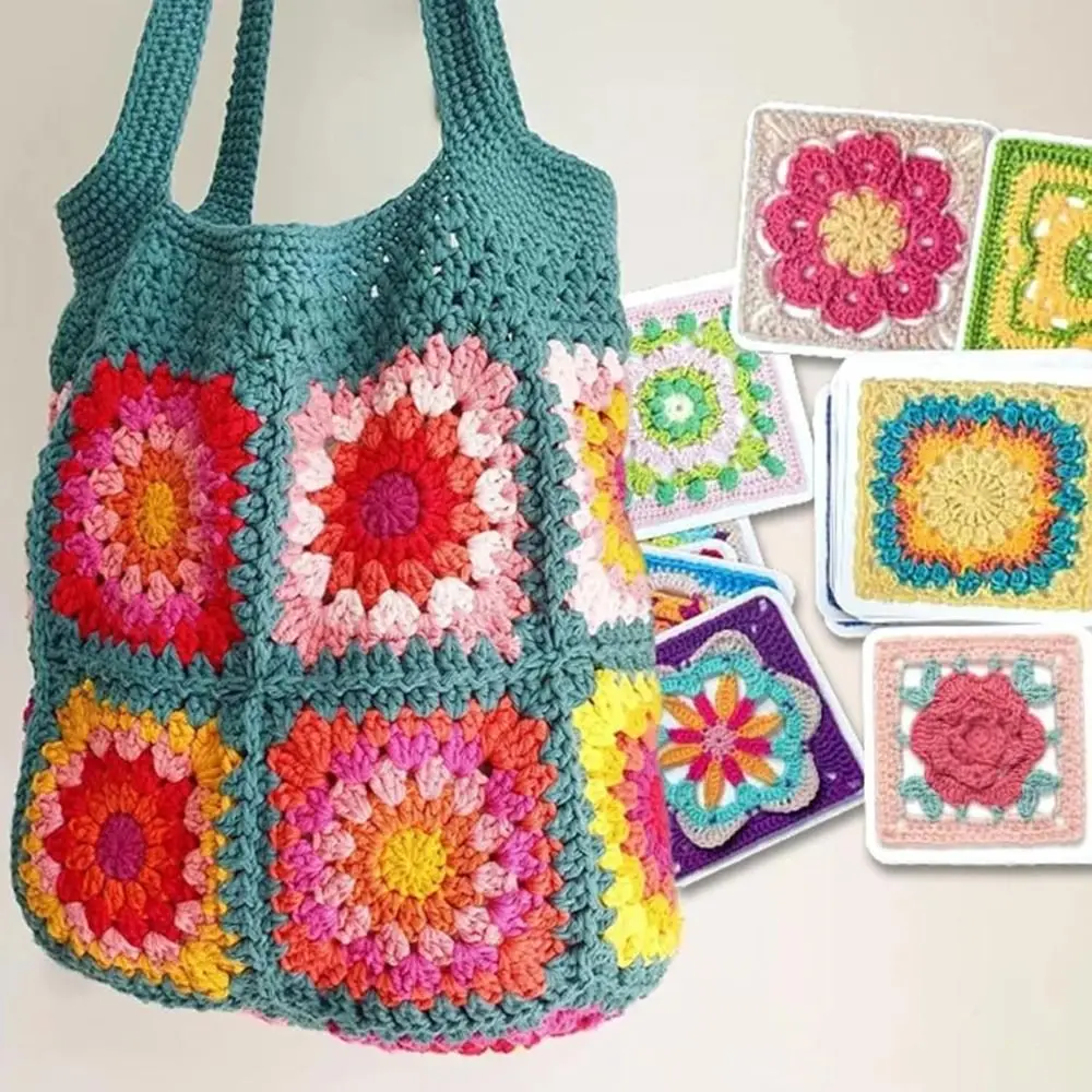 Embroidery Thread Knitted Pattern Cards Set Braided Rope Wrapping Granny Square Card Deck DIY 50 Cards Knitting Kit for Adults