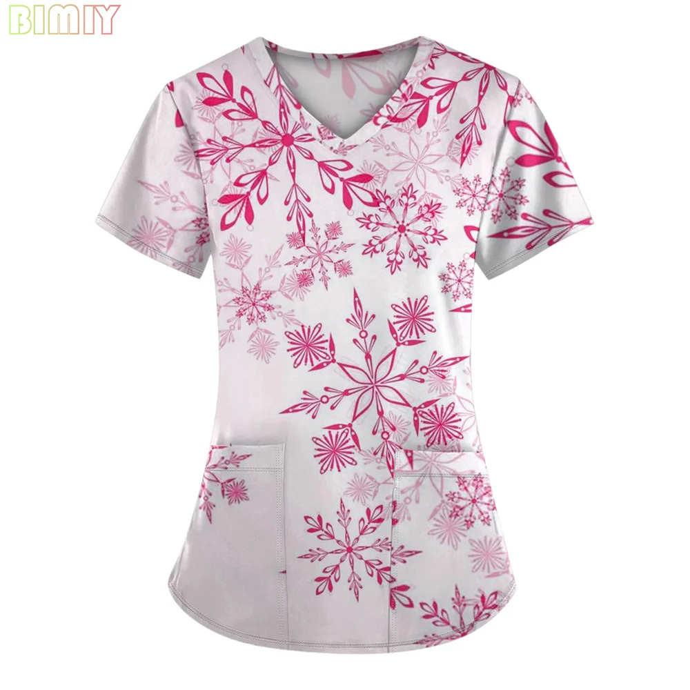 Snowflake Scrubs Women Nurse Plus Size Deer Nursing Uniform Scrubs V Neck Medical Short Sleeve Cute Scrub Shirts with Pockets