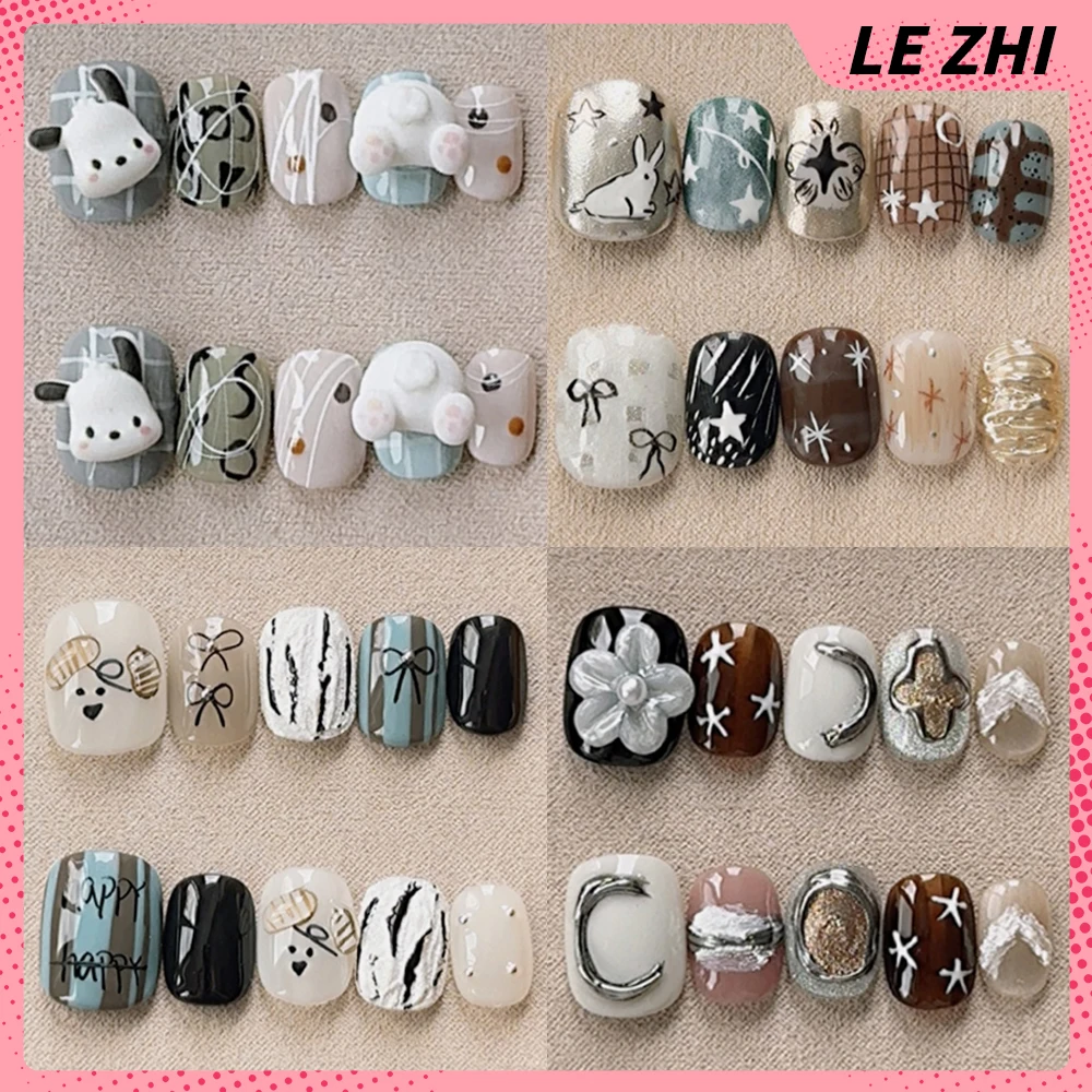 

Cartoon Cute Pochacco Rabbit Dog Short Square Round Handmade Press On Nails Flowers Pearl Bowknot Diamond Wearable Fake Nails