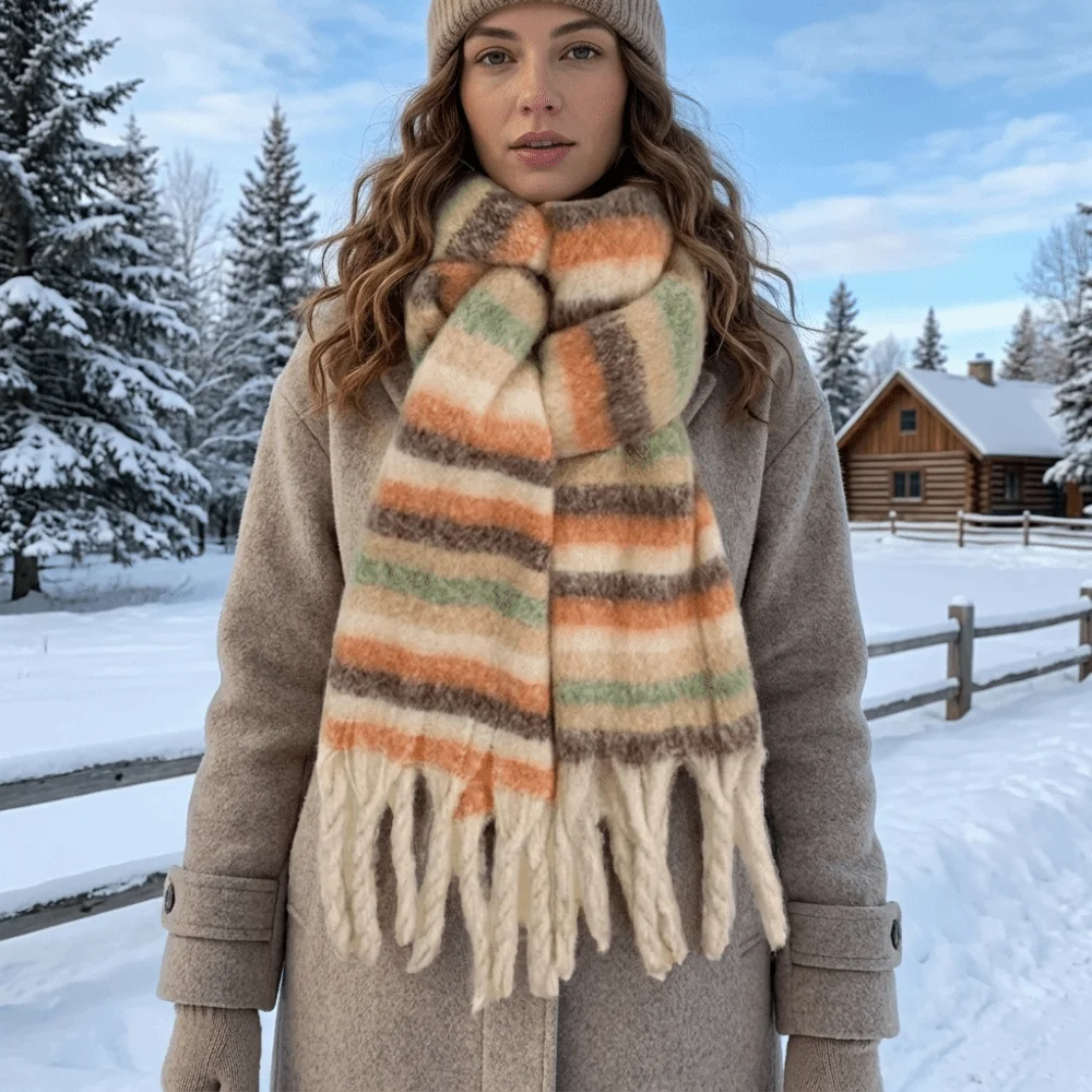 Eleganter Regenbogen-Streifen Wollschal mit Quasten, Plüsch-Winter-Kaschmirschal, Mohair, Warmer Langer Schal für Herren – Detail 10