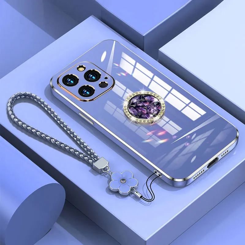 15pLus Case Luxury Diamond Ring Cover For iPhone 15 12 11 13 Pro Max Phone Case With Lanyard Plating Case iphone12 iphone13 Mini