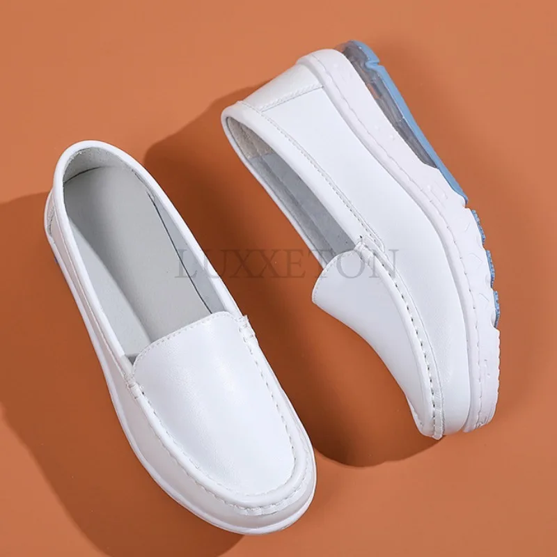 Genuine Leather Nurse Shoes Women Soft Soles Breathable New Air Cushion Thick Soled Women Shoes Hospital Work Small White Shoes