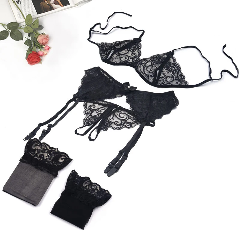 4pcs Sexy Erotic Lingerie Women Bra And Panty Garters See Through Lingerie Sets Sexy Women\'s Underwear Set Female Sexy Costumes