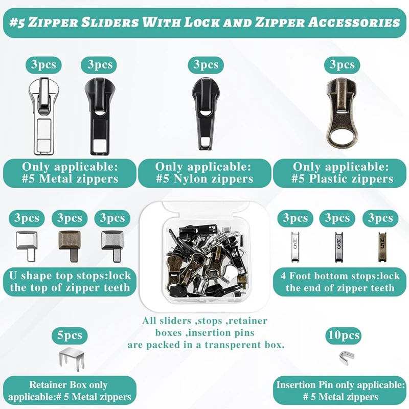 Zipper Repair Kit, 5 Zipper Replacement Slider Kit, Zippers Pull Zip Head Bottom Stop And Top Stop Fix Zipper On