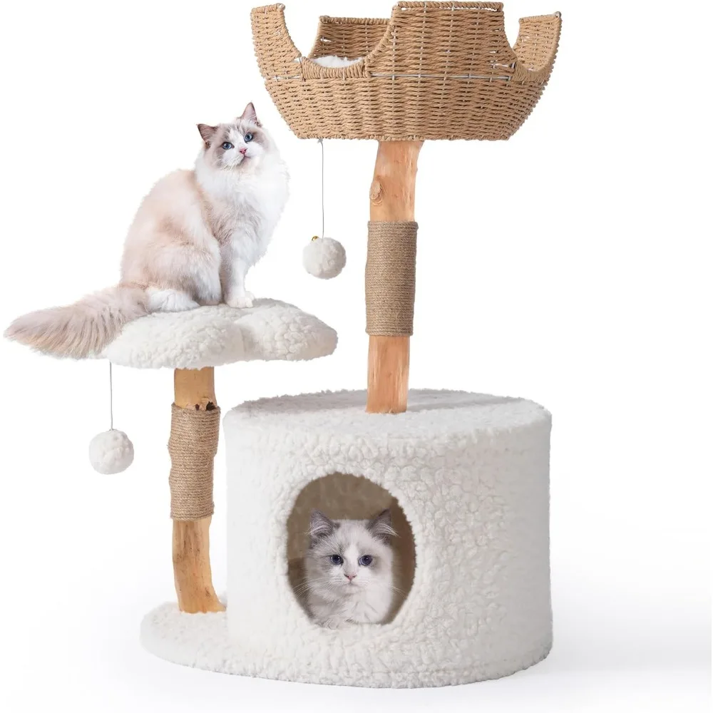 Modern Cat Tree Tower for Large Cats with Seasonal Universal Mat, Wood Cat Tree Indoor Use, Real Branch Luxury Cat Condo with Sc