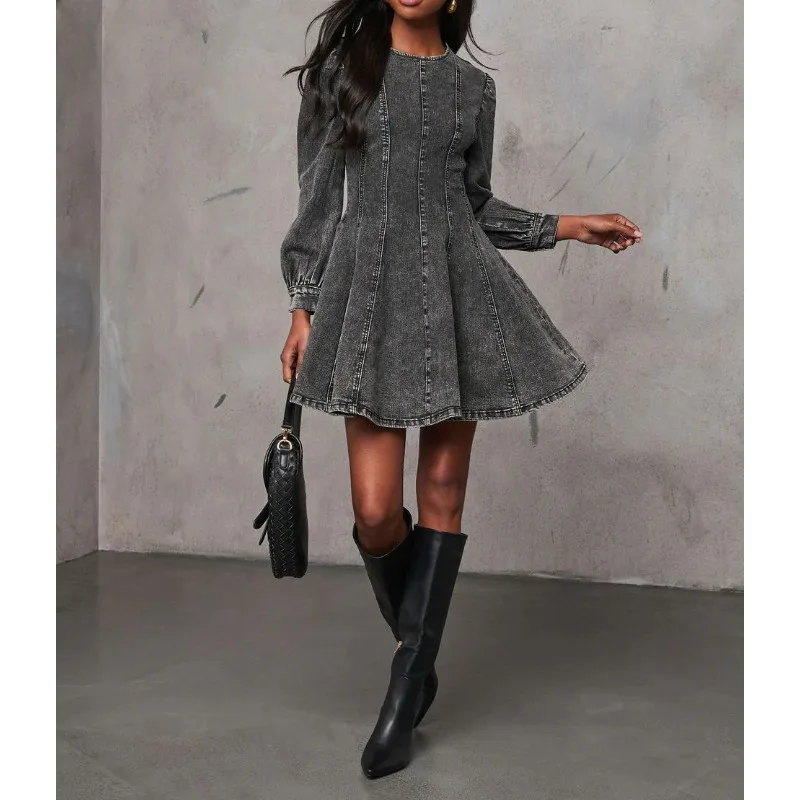 2025 Autumn, Elegant Temperament Splicing Waist Women's Denim Long-sleeved Dress