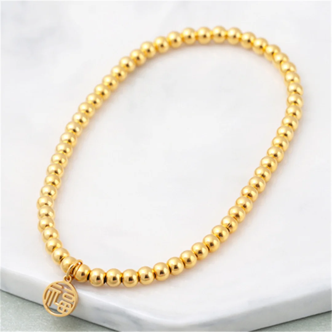 

Pure 18K Yellow Gold Chain Women Lucky 3mm Round Beads Bracelet 2.4g 7inch