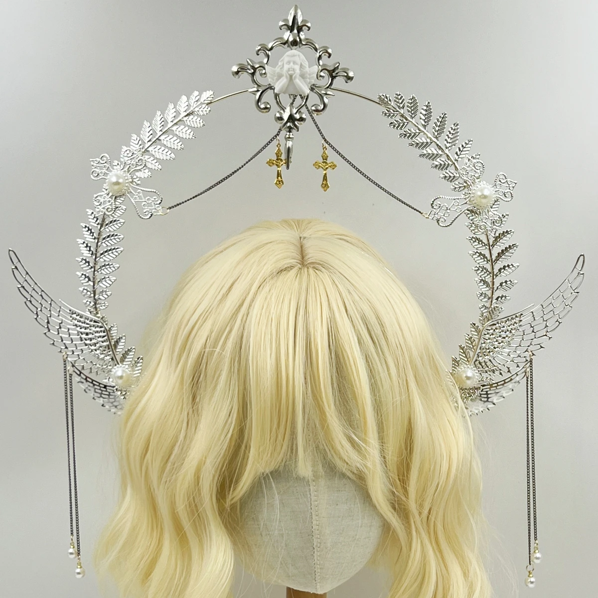 1pc lolita Chic Headband Golden Angel Halo Sun Crown BaroqueImitation Pearl Chain Decor Metal Headwear Hair Hoop