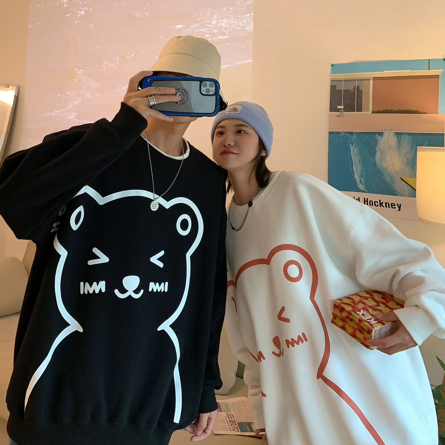 Oversized Hoodie Kawaii Cartoon Bear Print Casual O-Neck Pullovers Sweatshirts Autumn Long Sleeve Couple Sweatshirt