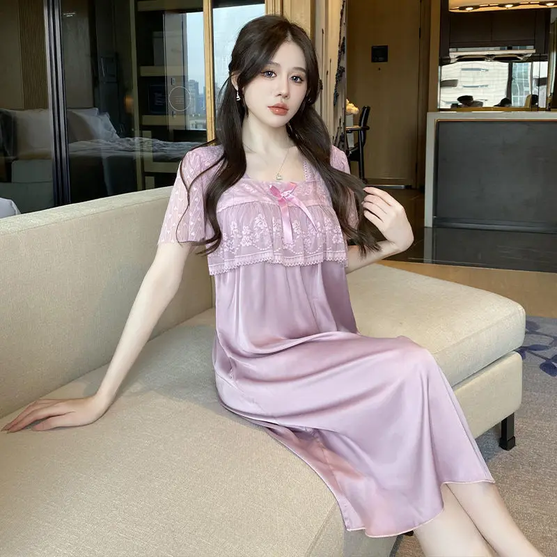 Ice Silk Pajama Dress for Women Summer Short Sleeved Sleepshirts Thin Sexy Lace Nightgowns Bow High-end Oversized Loungewear