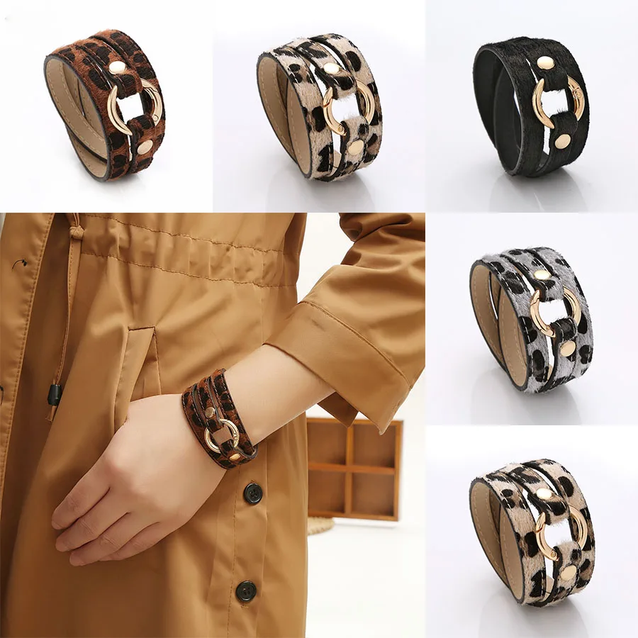 WYBU PU Leather Bracelet for Women Multilayer Leopard Horse Hair Fancy Wrapped Leather Wrist Fashion Italian Charm Bracelet