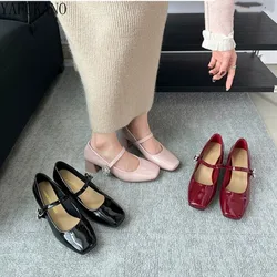 French Square Toe Chunky Heels Mary Jane Shoes Girl Dress Single Shoes Elegant Rhinestone Buckle Strap Pumps Large Size 41 42