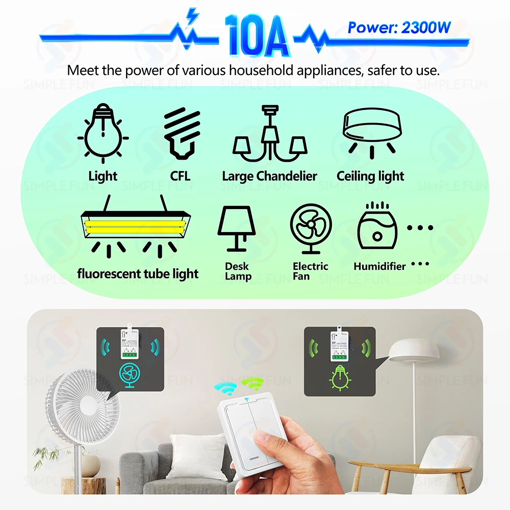 433Mhz Wireless Remote Control Light Switch 110V 220V 230V 10A Small Size Relay Module Wireless Wall Panel Switch for Lamp LED