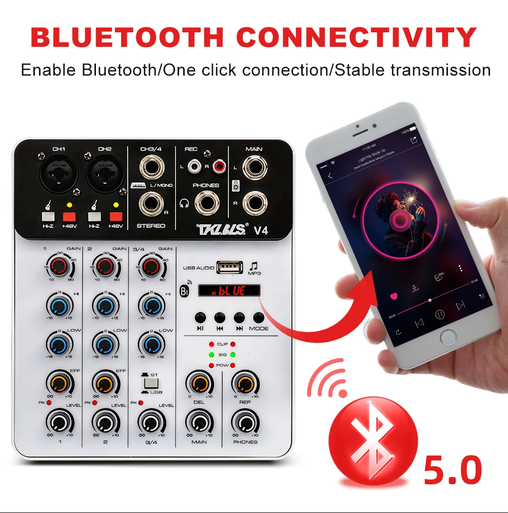 TKL 4 Channels Audio Mixer Bluetooth USB Record Computer 48V Phantom Power Delay Repaeat Effect Sound Mixing Console