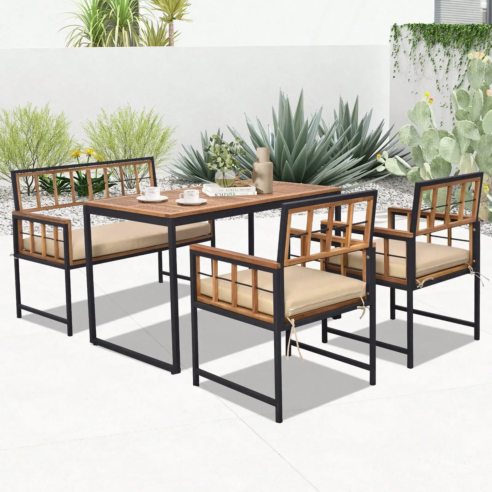 4 Pieces Acacia Wood Patio Dining Set w/ 1 Rectangular Table & 1 Loveseat & 2