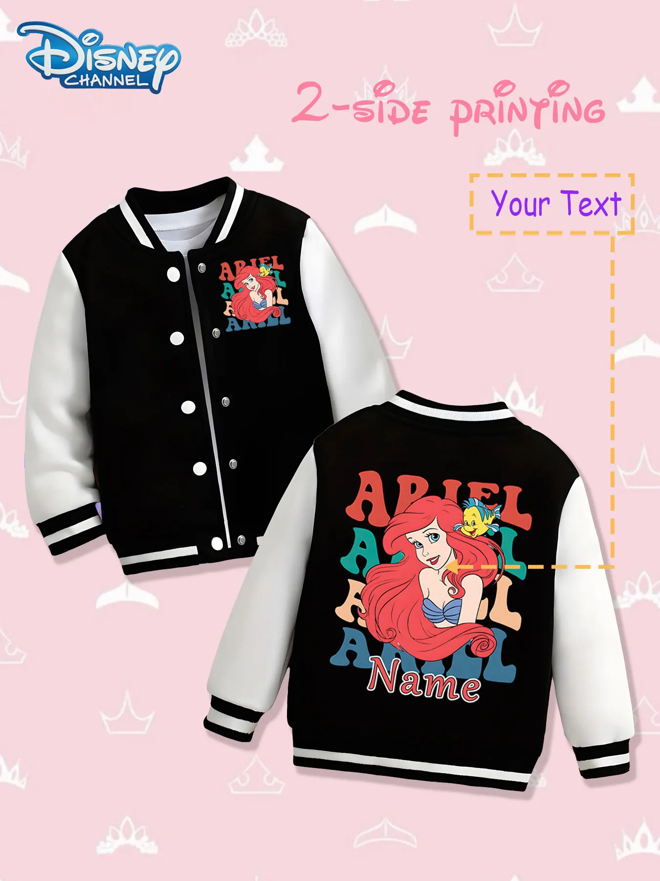 

MINISO Disney's Little Mermaid Ariel girls' baseball jacket - double-sided colorful print, warm and dreamy in autumn and winter,