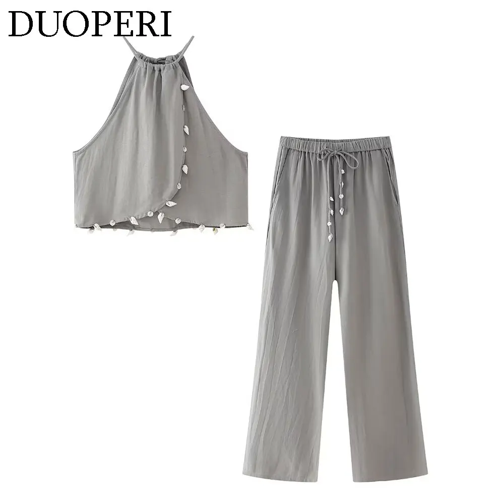 Duoori donna 2 pezzi set Shell Ornament top canotta e pantaloni a vita alta elastici Chic Lady Casual Pant coordinate