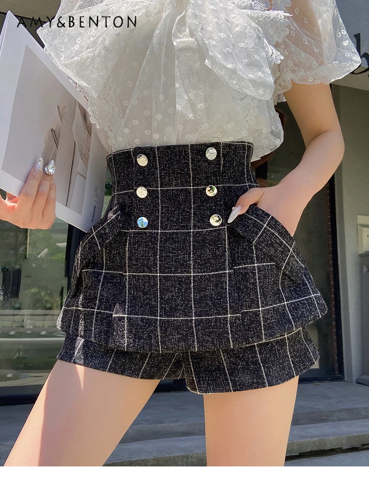 

Commute Style Graceful Fashion Double Breasted Wide Leg Pants Women Summer High Sense Elegant Socialite High Waist Slim Shorts