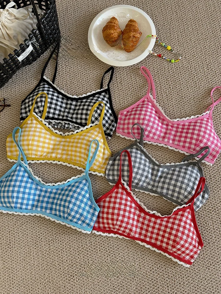 

Dopne ярких цветов с клетчатой кружевной отделкой Brtte ort жилет на бретелях летняя новинка Sle Spicy Girl женская майка Faion