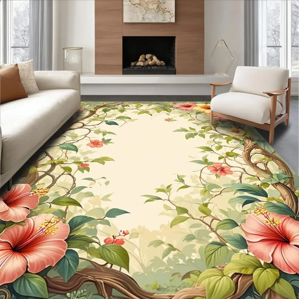 

5x7 Washable Tropical Blossom Green Rug - Non-Slip, Chair-Friendly for Dining and Living Rooms
