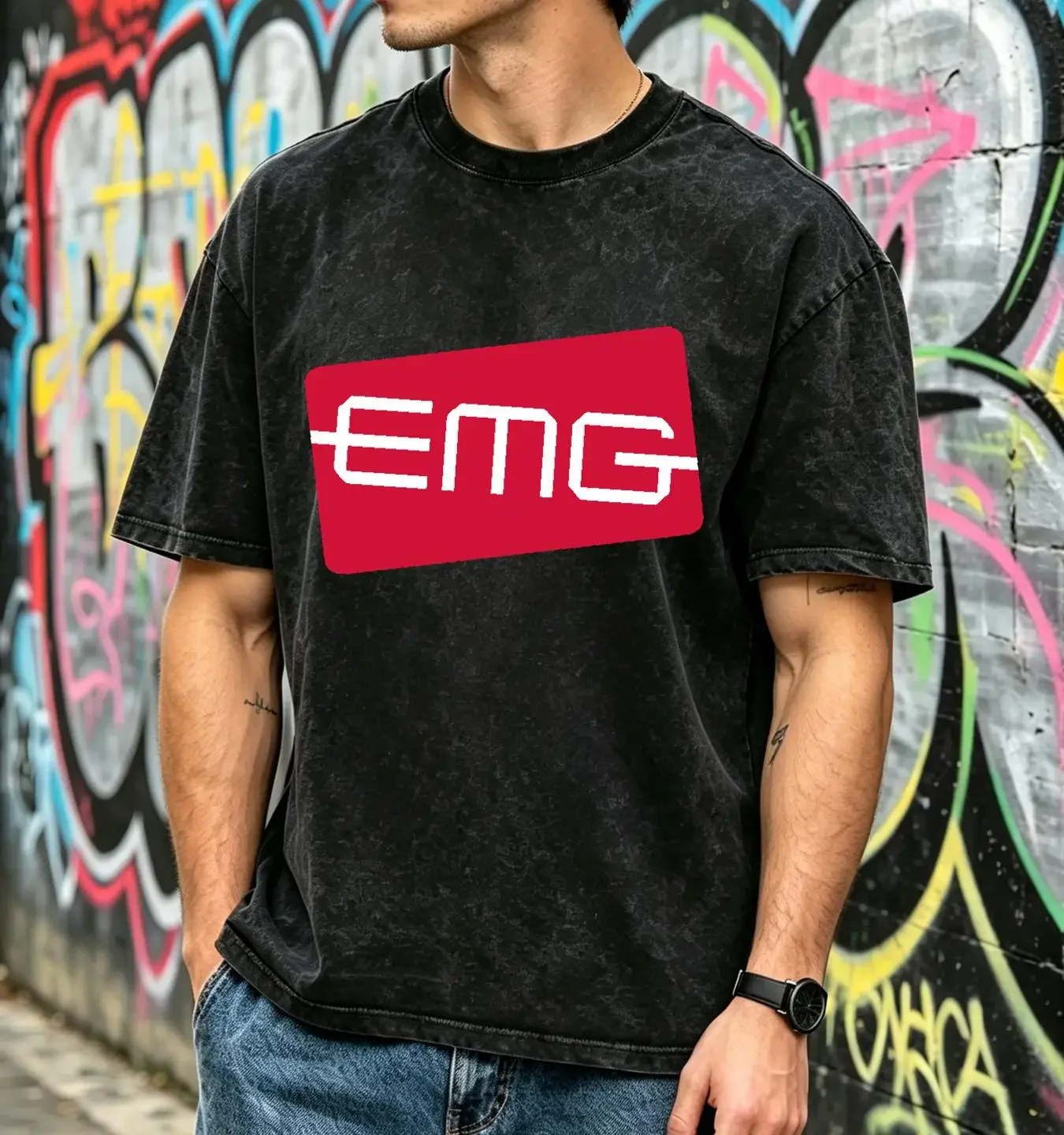 washed T Shirt EMG Pickups Guitars Logo Men's Black Size S to 3XL vintage Washed homme Top For Everyday Wear Comfortable
