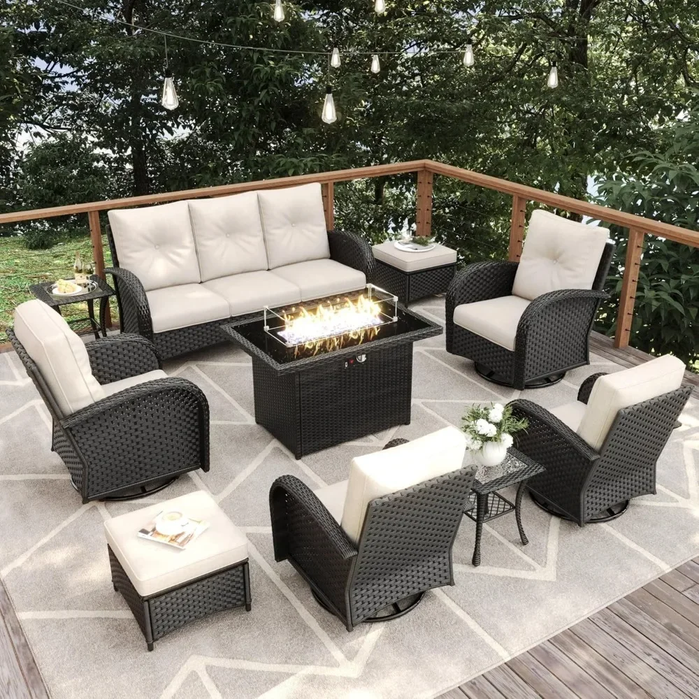 

10 Pieces Patio Furniture Set with Fire Pit Table, 3-Seat Couch, Ottomans and Side Table, Wicker Rattan High Back Set