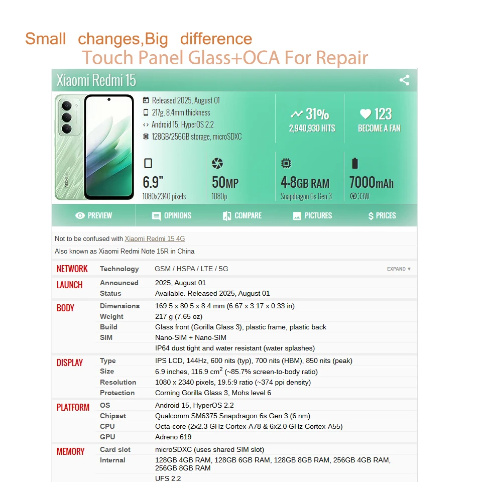 10 szt. Szkło dotykowe z OCA do Xiaomi Redmi 15 15A 15C 14C 14R 13C 5G 13 13R 13X 12 12C 11 10 9 9A 9T — zdjęcie produktu 5